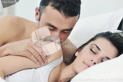 Image of young couple have good time in their bedroom