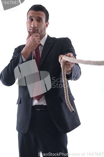 Image of business man with rope isolated on white background