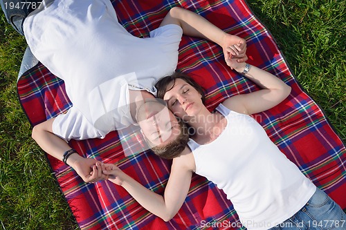 Image of happy young couple having a picnic outdoor