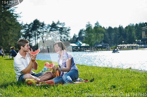 Image of happy young couple having a picnic outdoor