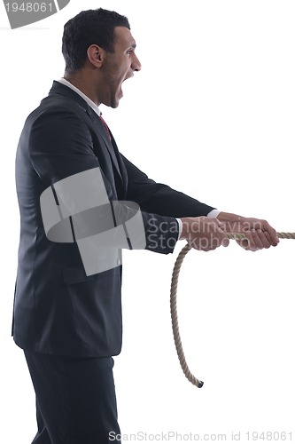 Image of business man with rope isolated on white background