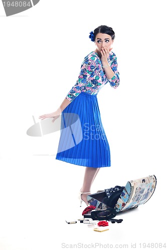 Image of pinup retro  woman with travel bag isolated