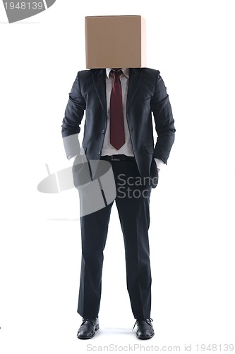 Image of business man with an box on his head