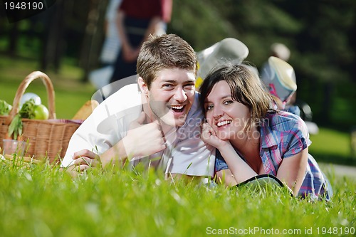 Image of happy young couple having a picnic outdoor