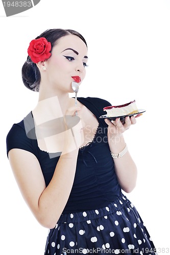Image of pinup retro  woman with travel bag isolated