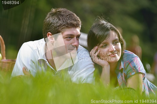 Image of happy young couple having a picnic outdoor