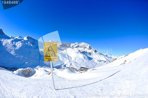 Image of Sign board at High mountains under snow in the winter