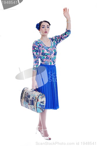 Image of pinup retro  woman with travel bag isolated