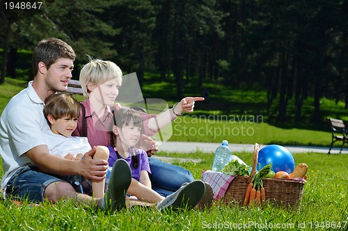 Image of Happy family playing together in a picnic outdoors