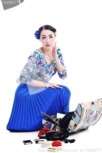 Image of pinup retro  woman with travel bag isolated