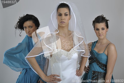 Image of portrait of a three beautiful woman in wedding dress