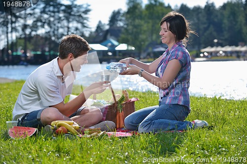 Image of happy young couple having a picnic outdoor