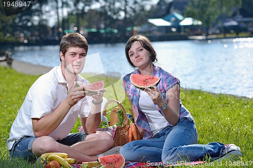 Image of happy young couple having a picnic outdoor