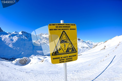 Image of Sign board at High mountains under snow in the winter