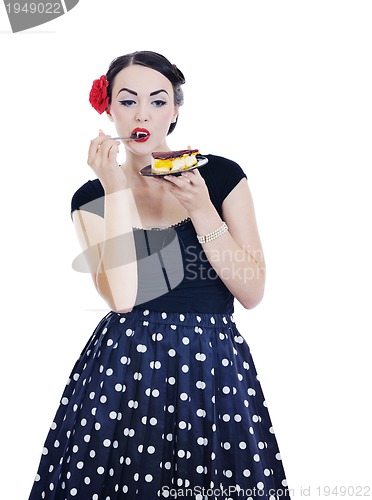 Image of pinup retro  woman with travel bag isolated
