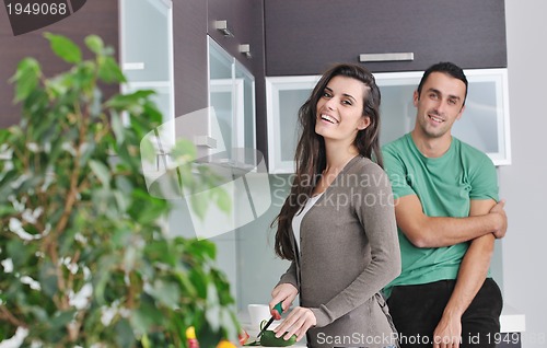 Image of young couple have fun in modern kitchen