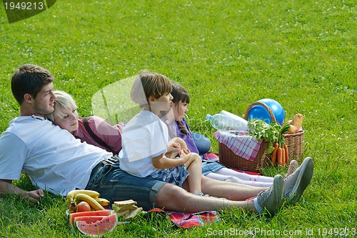 Image of Happy family playing together in a picnic outdoors