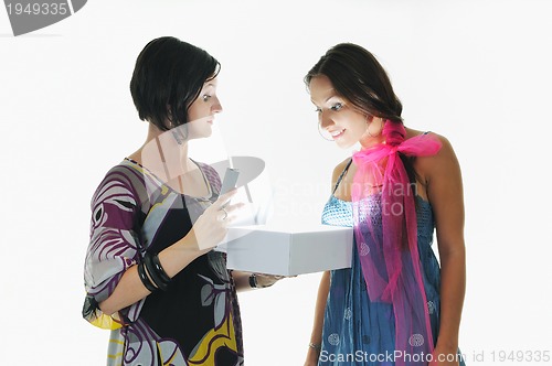 Image of two woman isolated on white with gift