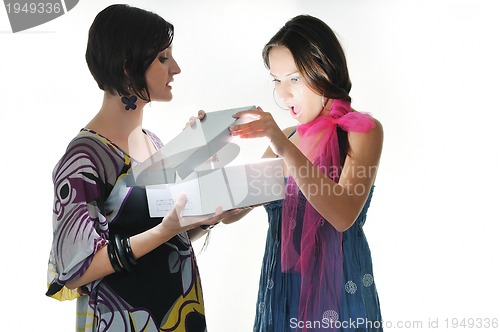 Image of two woman isolated on white with gift