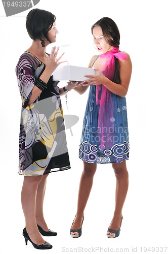 Image of two woman isolated on white with gift