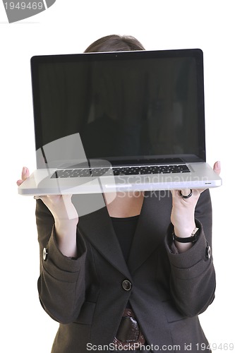 Image of business woman working on laptop isolated on white