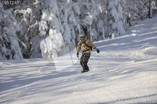 Image of freestyle snowboarder jump and ride