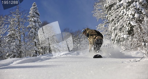 Image of freestyle snowboarder jump and ride