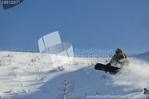 Image of freestyle snowboarder jump and ride