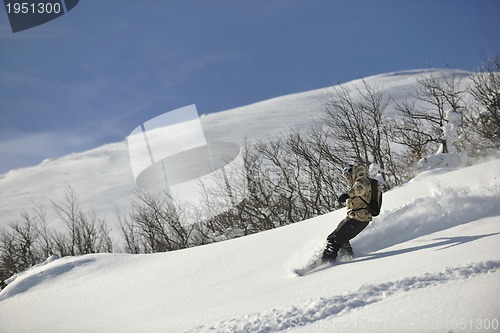 Image of freestyle snowboarder jump and ride