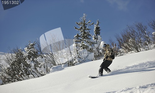 Image of freestyle snowboarder jump and ride