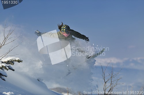 Image of freestyle snowboarder jump and ride