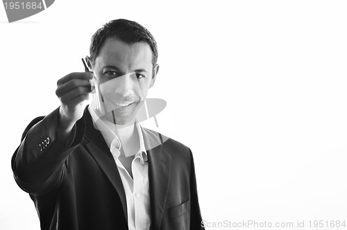 Image of isolated business man hold keys