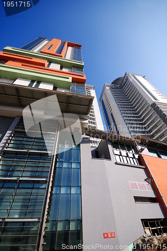 Image of modern building at sunny day and clear blue sky