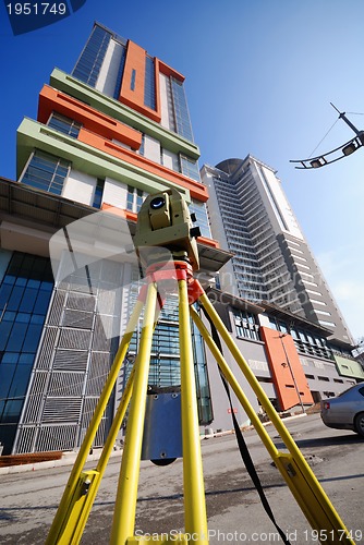 Image of modern building at sunny day and clear blue sky