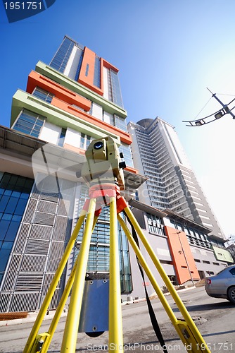 Image of modern building at sunny day and clear blue sky