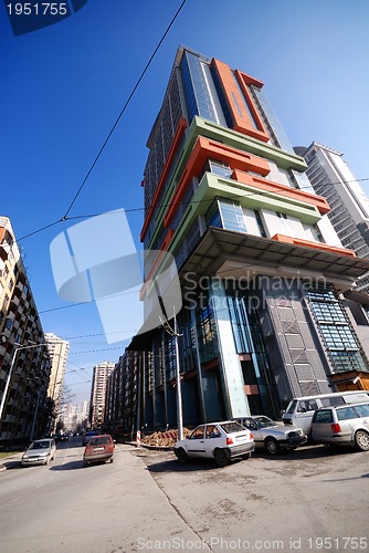 Image of modern building at sunny day and clear blue sky