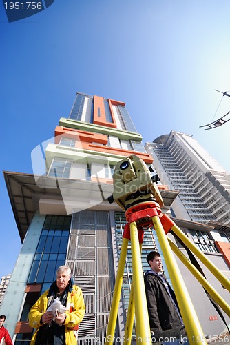 Image of modern building at sunny day and clear blue sky