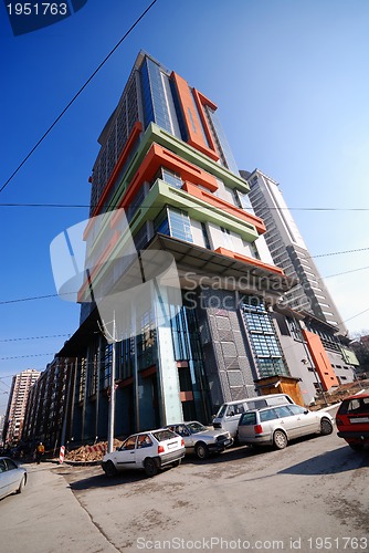 Image of modern building at sunny day and clear blue sky