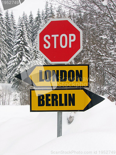 Image of london or berlin? roadsign in nature