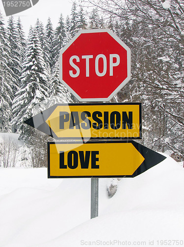 Image of love&passion road sign in nature