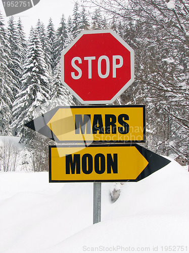 Image of in  middle of the starway, mars and moon roadsign