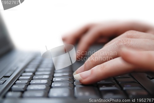 Image of Isolated female hand typing on laptop keyboard