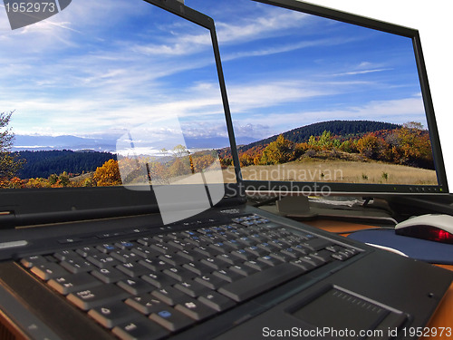 Image of autumn landscape on sharp dual displey...