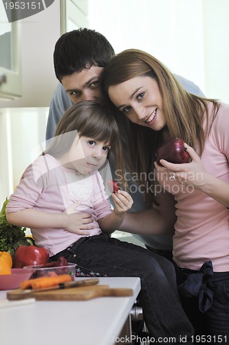 Image of happy young family in kitchen