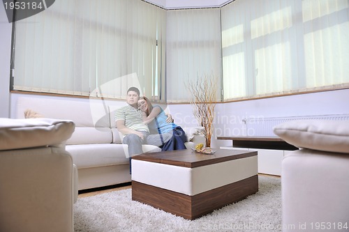 Image of couple relax at home on sofa in living room