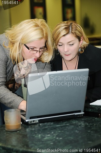 Image of happy mature woman work on laptop