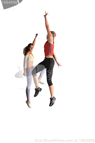 Image of two womans work out and jumping