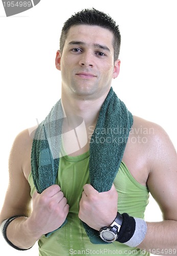 Image of sportsman relaxing and drinking water