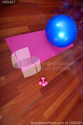 Image of fitness studio with blue pilates balls