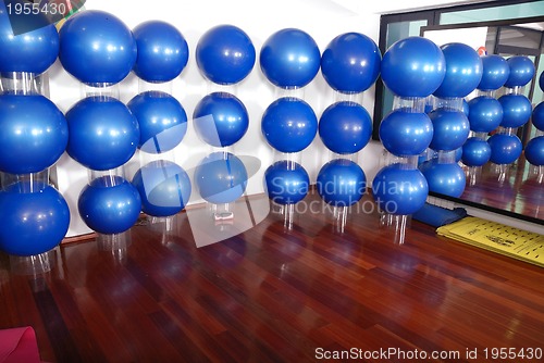 Image of fitness studio with blue pilates balls